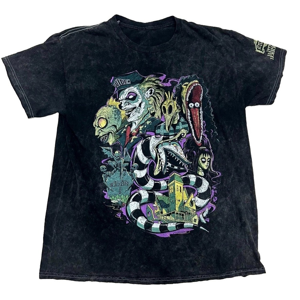 Universal Halloween Horror Nights Beetlejuice T-Shirt Black Acid Wash Medium